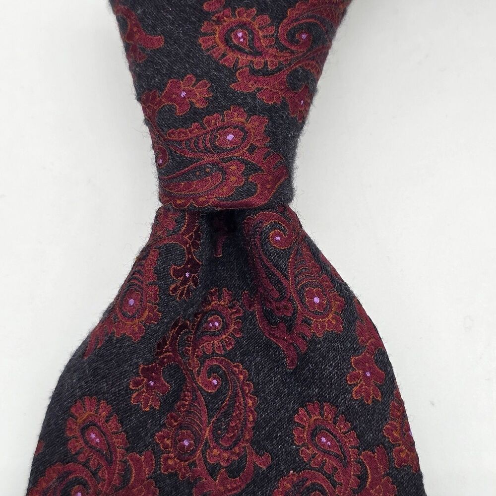 Ermenegildo Zegna 15 MILMIL 15 Silk Wool Tie Paisley Burgandy Black Italy